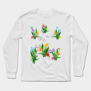 Cats flowers butterflies bees springtime art Long Sleeve T-Shirt